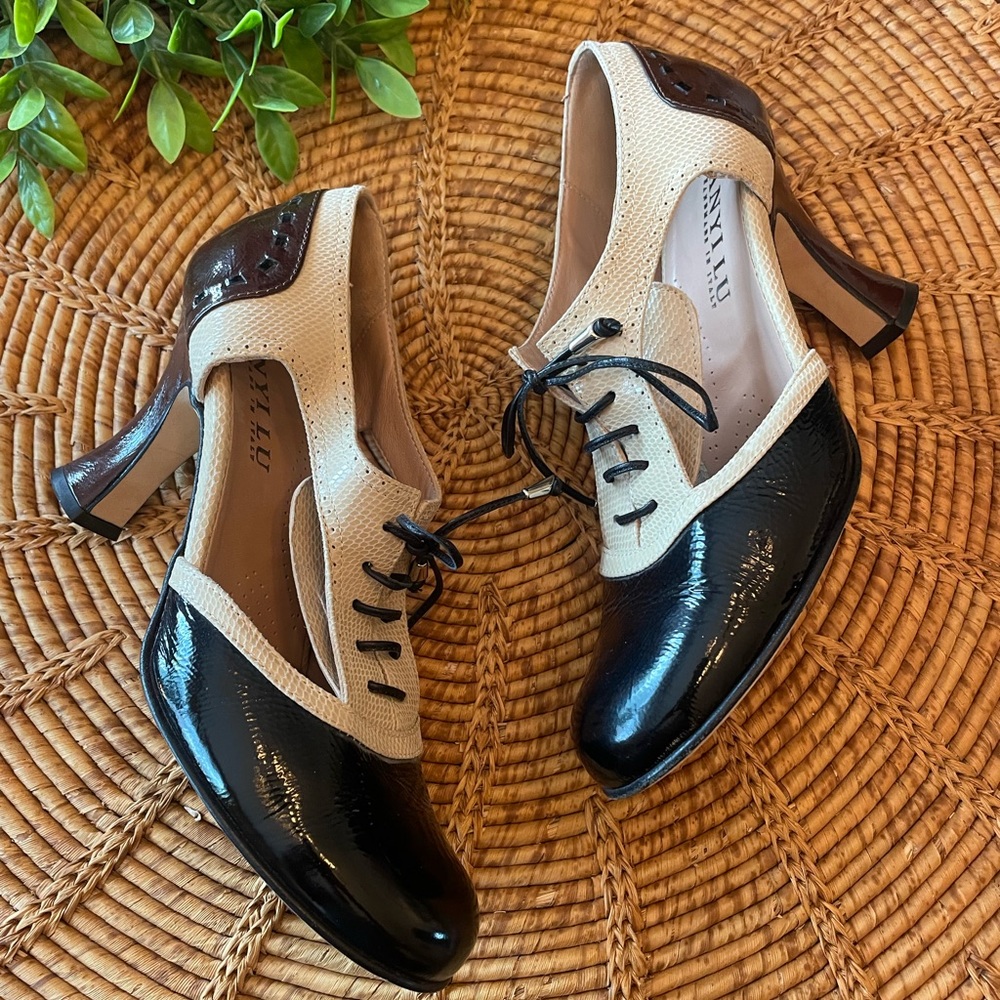 ANYI LU Italian Patent Leather Black, Cream & Brown Lace Up Cut Out Heels